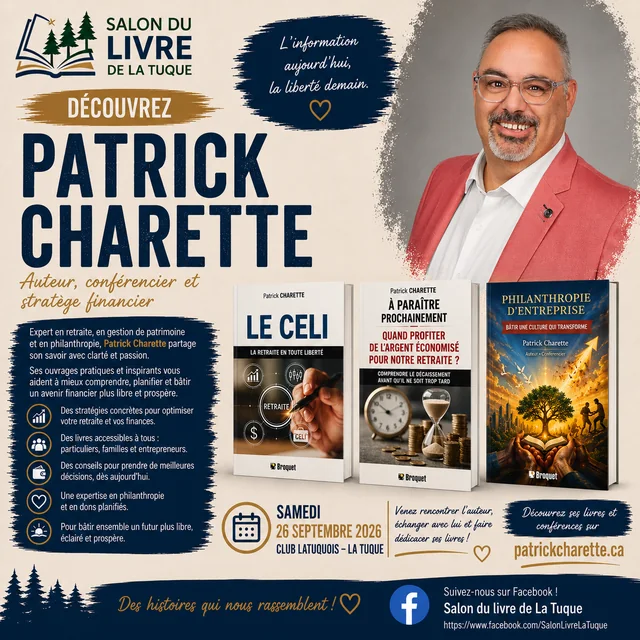 Affiche officielle du Salon du livre de La Tuque avec Patrick Charette et ses livres.