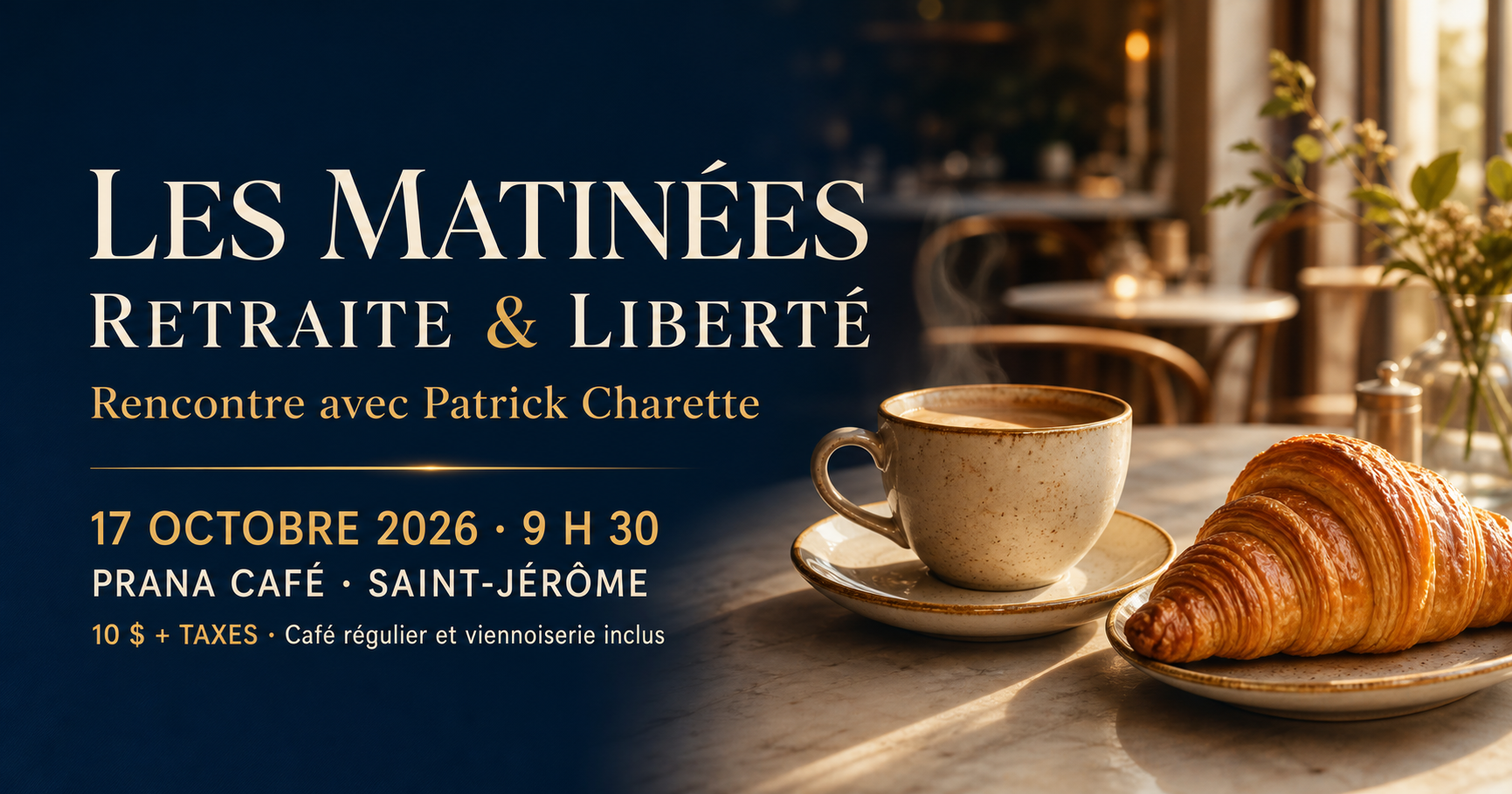 Les Matinées Retraite & Liberté avec Patrick Charette, le 17 octobre 2026 à 9 h 30 au Prana Café de Saint-Jérôme.