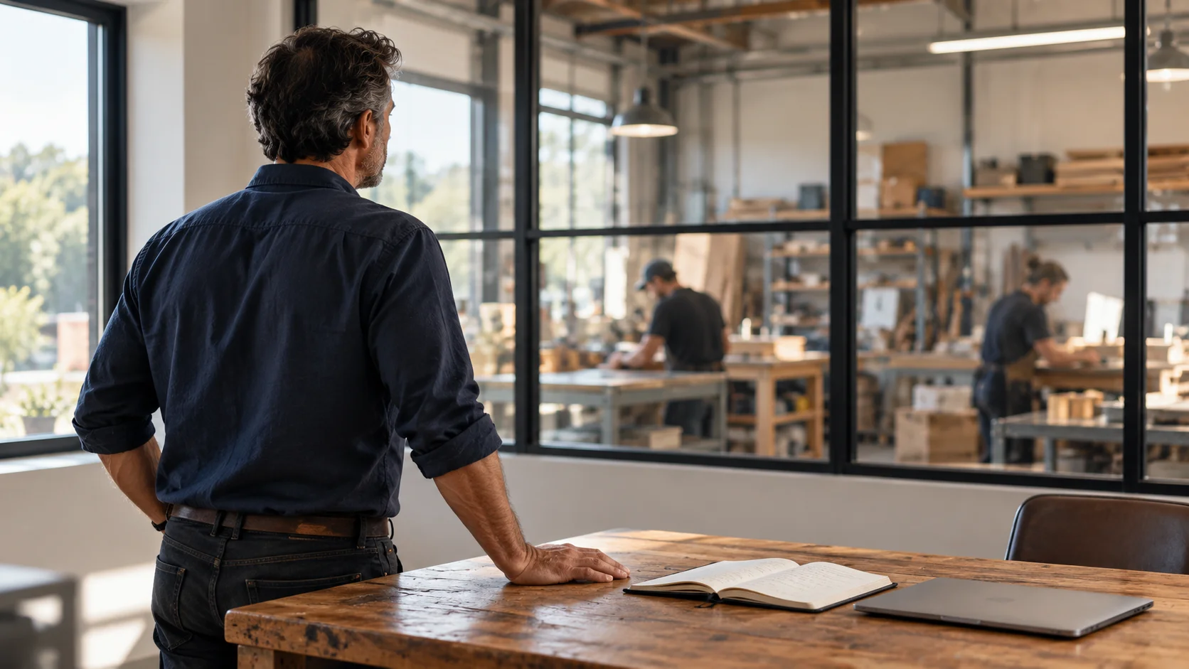 Illustration d’un entrepreneur prenant un moment de recul dans son bureau, face à l’activité de son atelier.