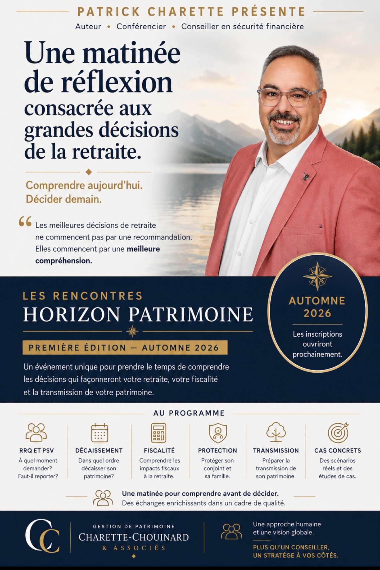 Affiche de la première édition des Rencontres Horizon Patrimoine, une matinée consacrée aux grandes décisions de la retraite, présentée par Patrick Charette à l’automne 2026.