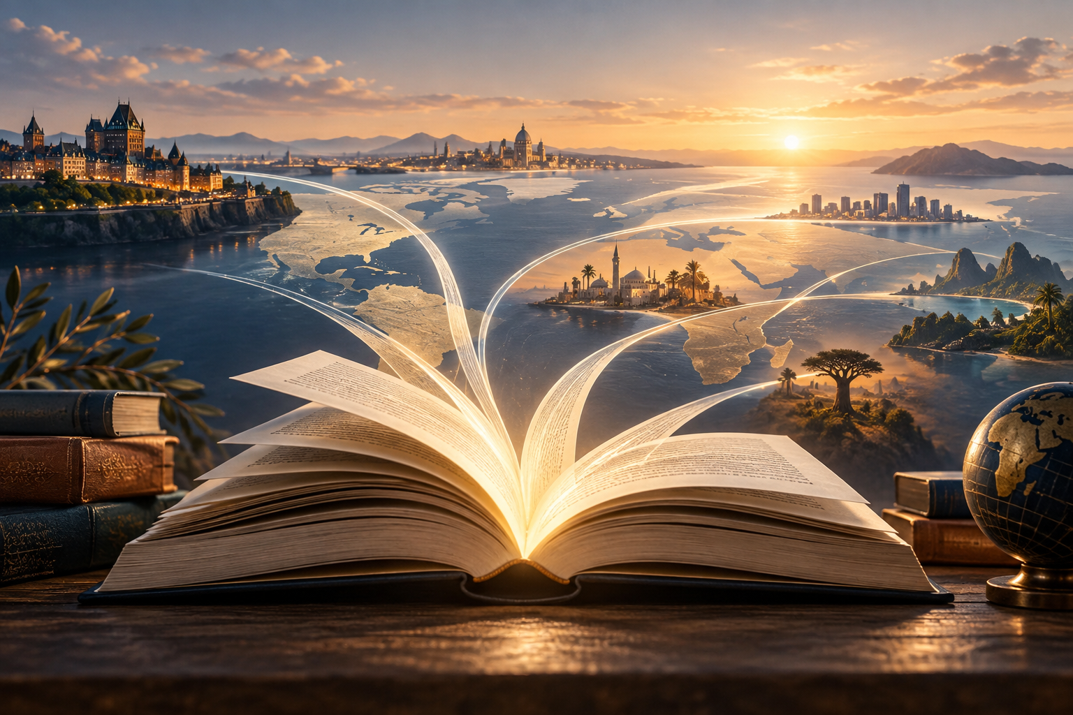 Un livre ouvert relie plusieurs horizons de la francophonie dans une lumière dorée.