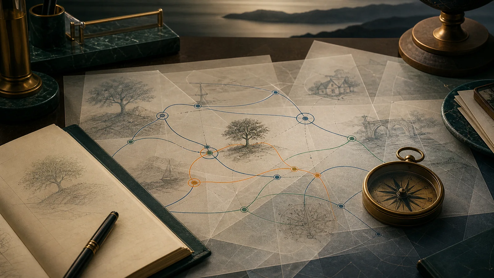 Composition editoriale avec boussole, carnet et chemins relies pour illustrer la reflexion strategique.